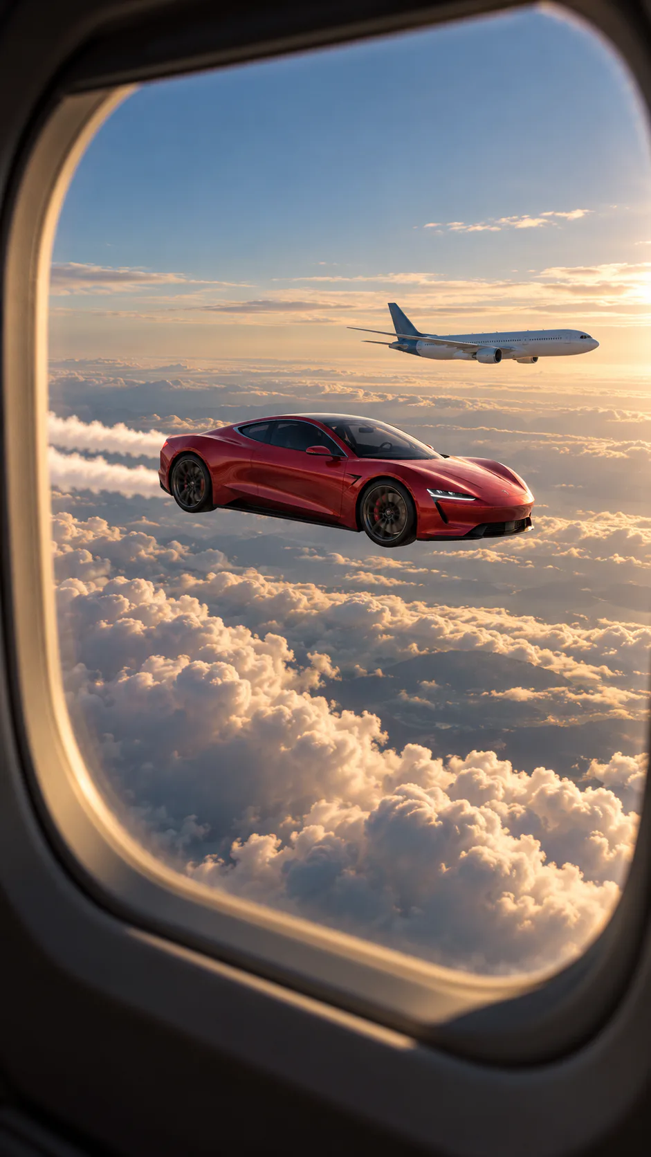 Tesla Roadster flying car AI video scene cruising above the clouds beside a passenger plane
